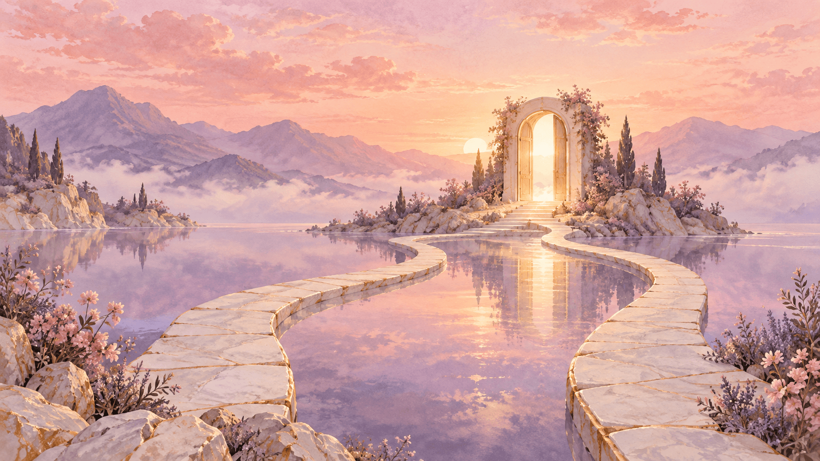 Two stepping-stone paths meet at an open golden doorway beside a reflecting pool at dawn in a watercolor scene