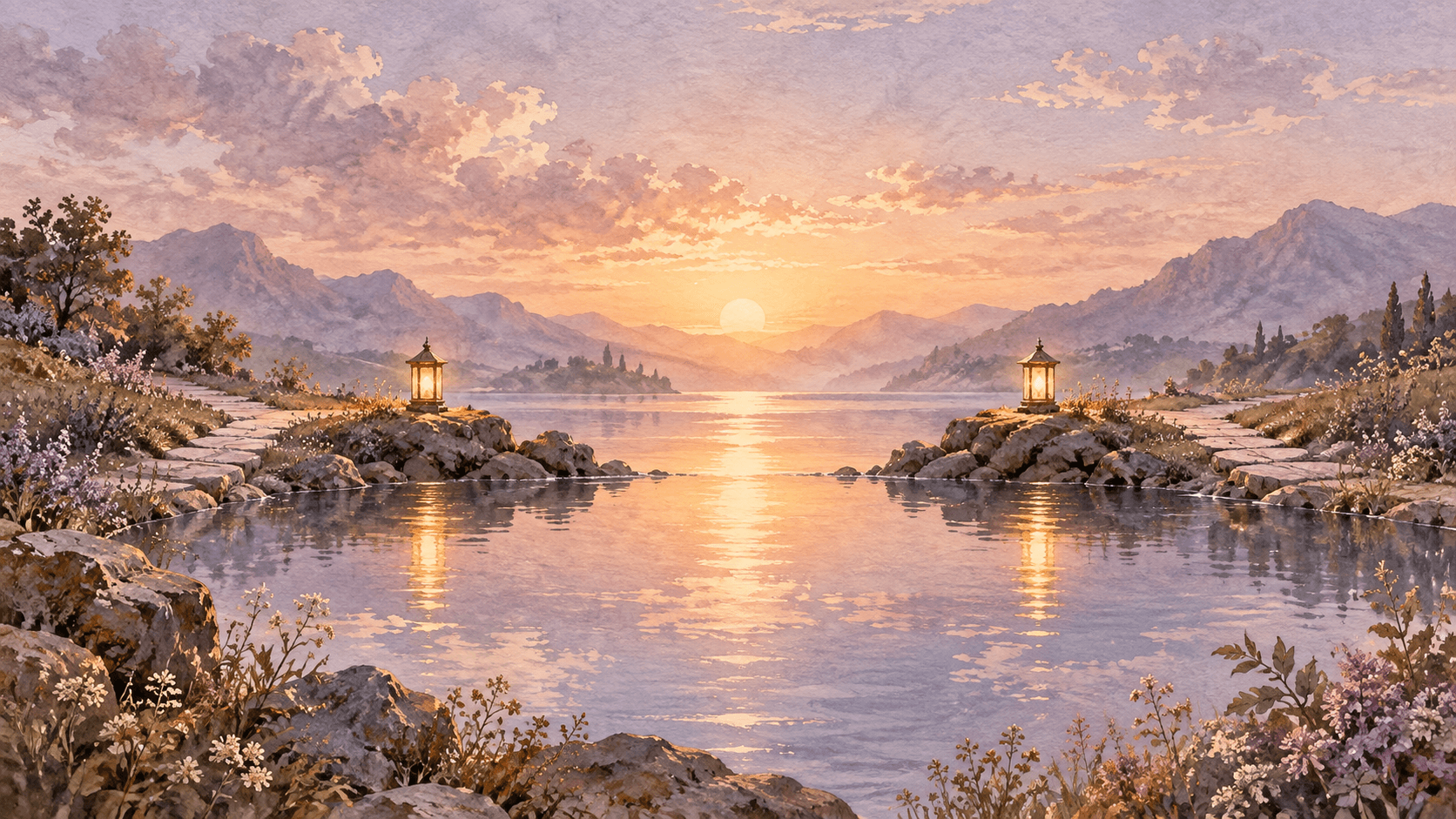 Two matching lanterns glow on opposite sides of a calm reflecting pool at dawn in a lilac and gold watercolor landscape