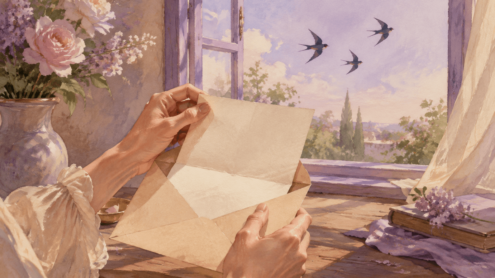 A woman's hands opening a blank letter by a sunlit window while three swallows cross a violet watercolor sky