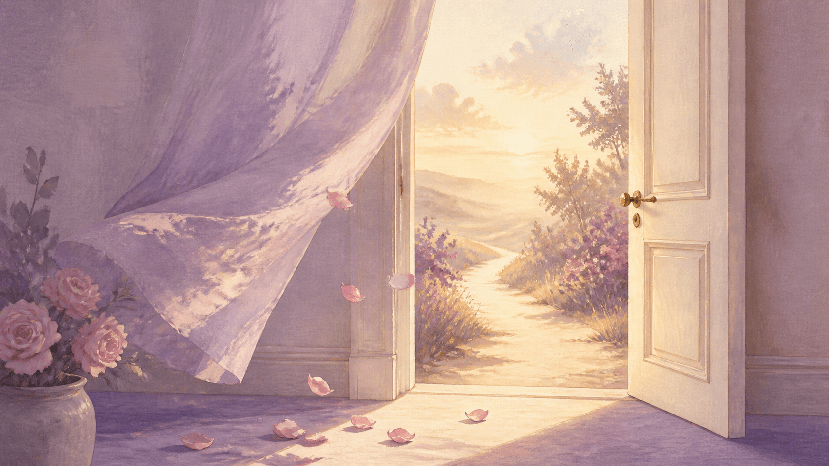 A watercolor doorway opening onto a bright path while a lavender curtain moves in the breeze