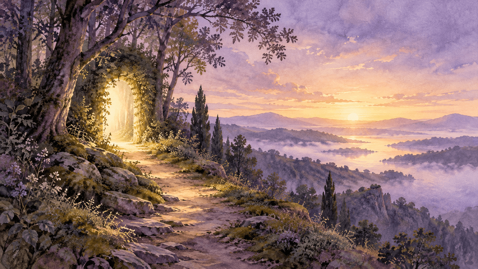 A quiet forest path opens through a glowing arch toward a lilac and gold sunrise in a watercolor landscape
