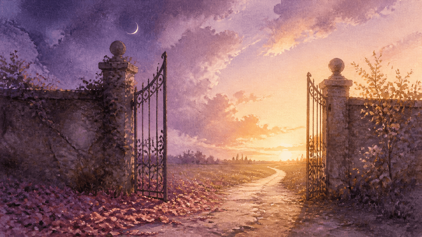 An open garden gate leading from violet twilight toward a warm horizon in a watercolor landscape