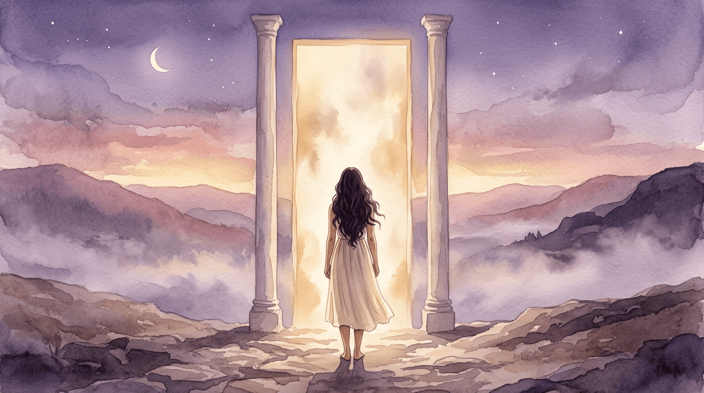 A woman standing before a narrow doorway of light between two tall pillars at dusk, lilac sky above
