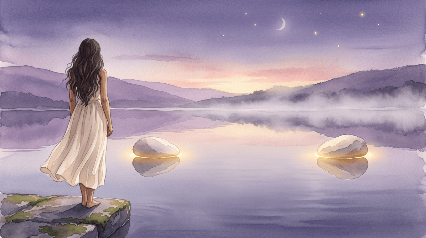 Two pale stones balanced on either side of a still pool at dusk, lilac hills beyond