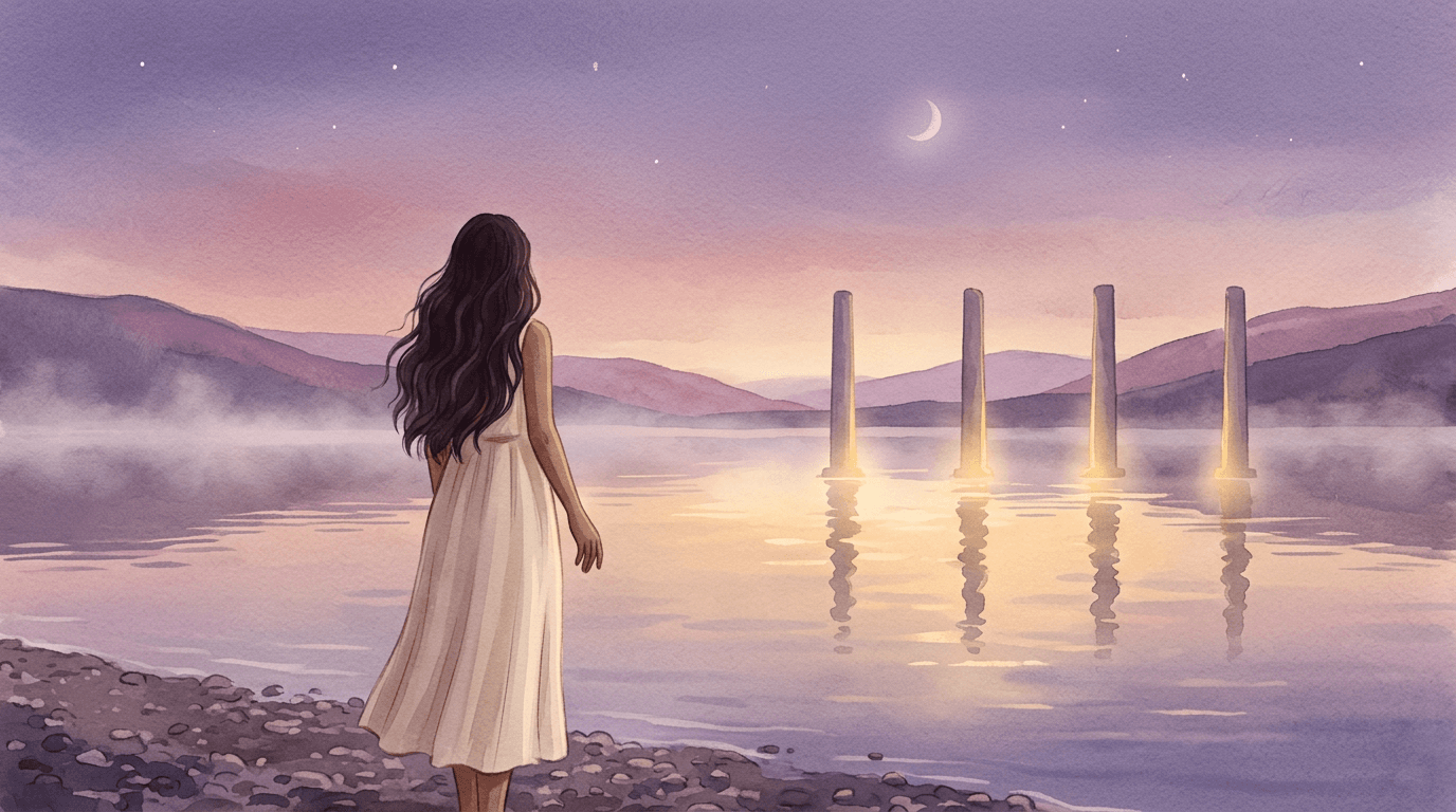 A woman at the edge of a still lake at dusk, four glowing stone pillars standing steady in the calm water