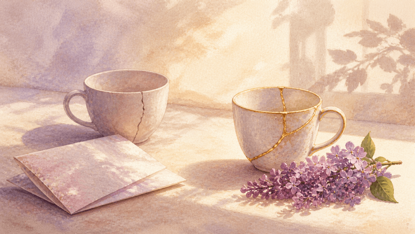 A watercolor painting of a cracked cup beside a cup fixed with gold, a folded note, and lilac flowers