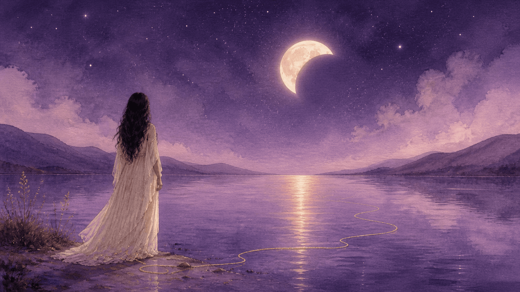 A woman stands beside still water beneath a partial lunar eclipse in a violet watercolor night
