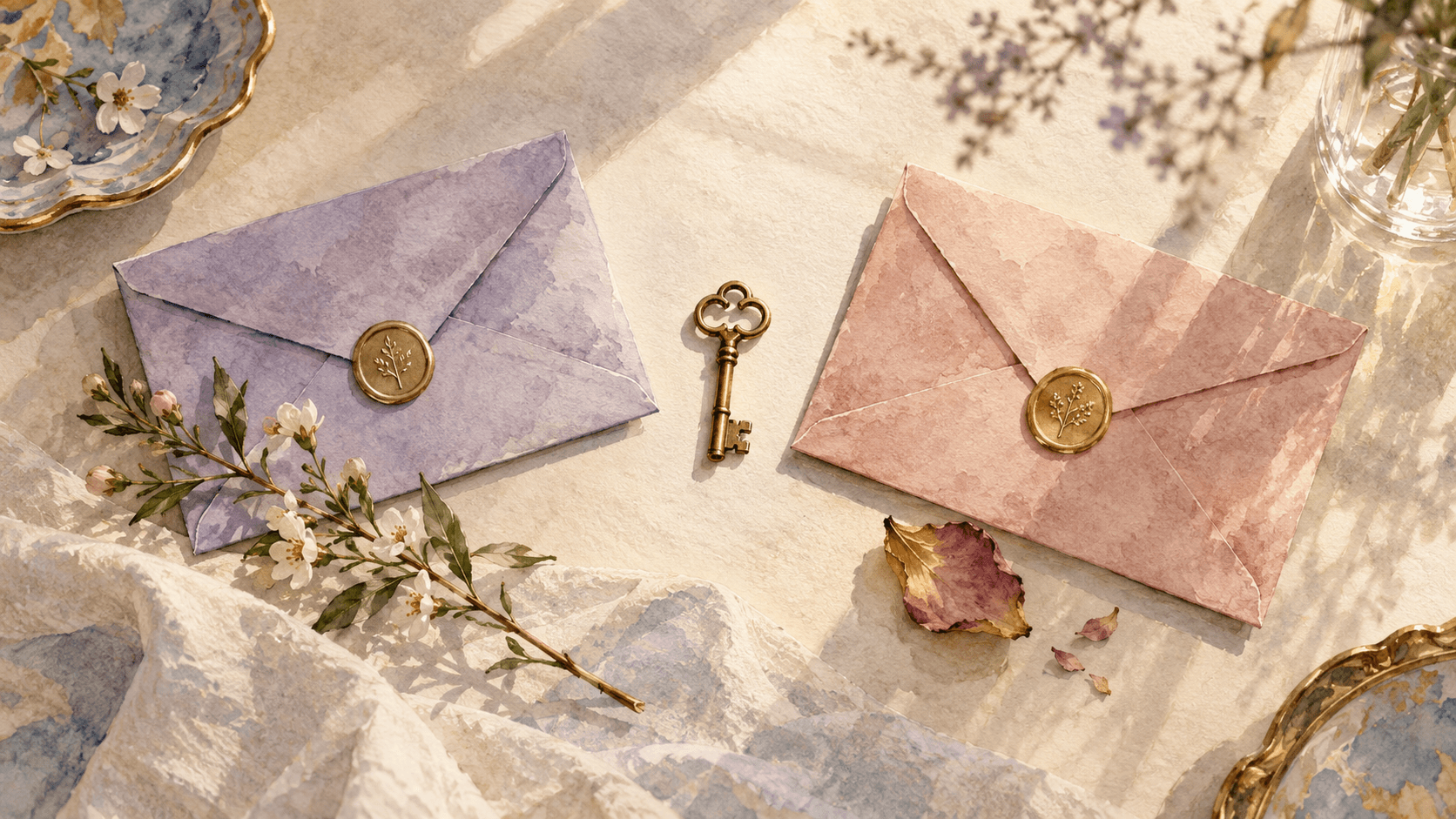 Two sealed watercolor envelopes in lilac and rose with a small brass key resting between them