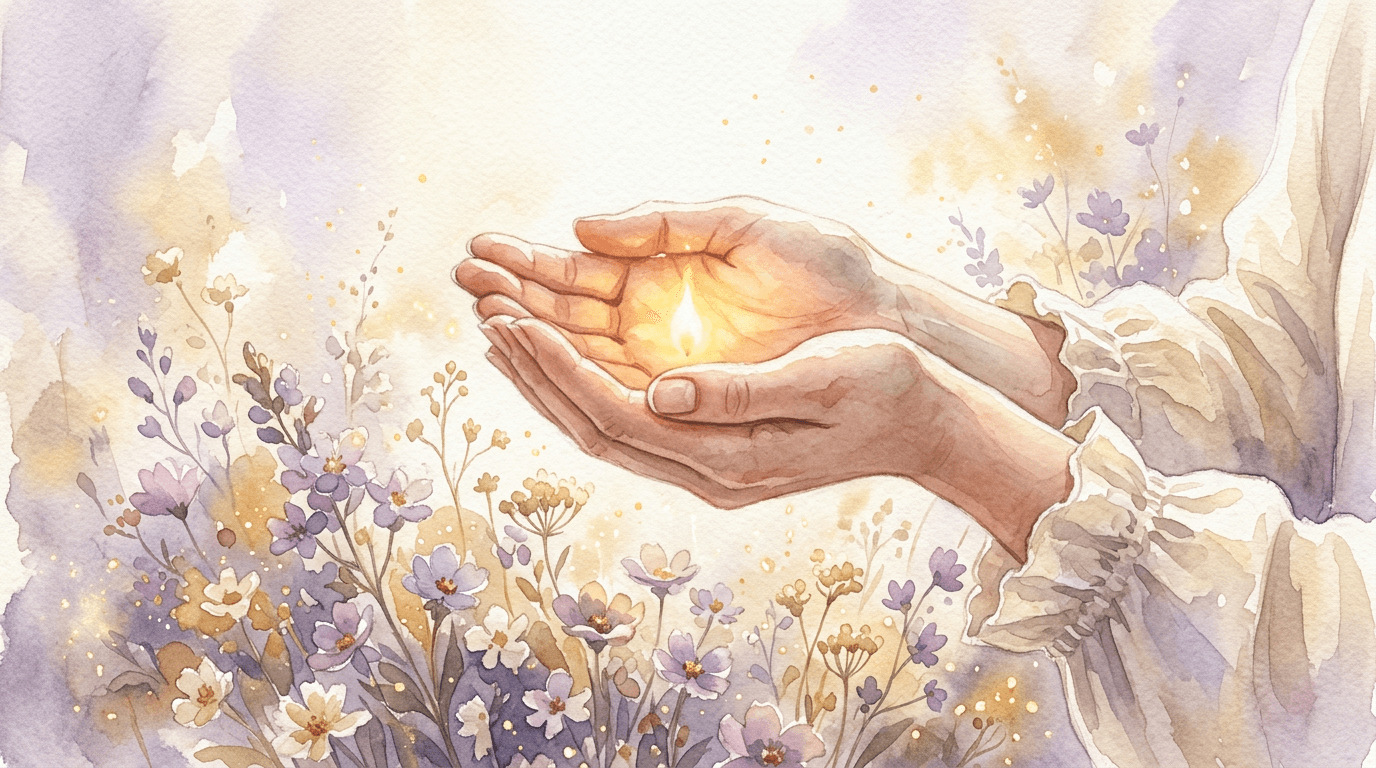 A woman's open cupped hands at dawn holding a small warm light, wildflowers and soft gold sky around her