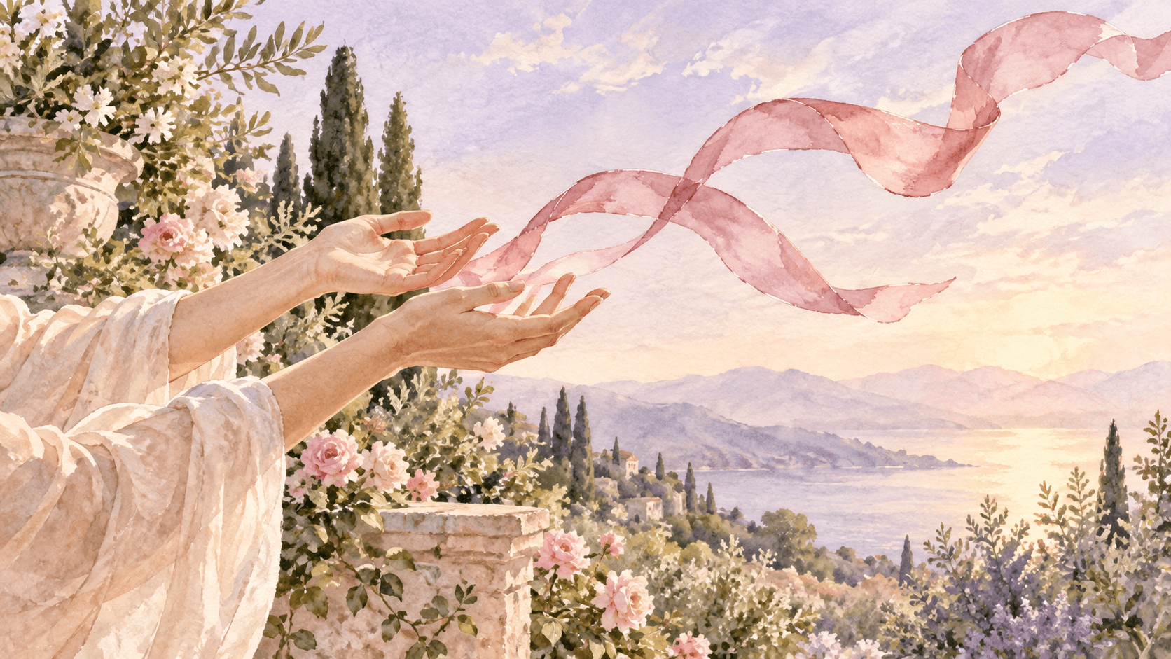 Two open hands release a rose-colored ribbon into a pale sunrise above a quiet watercolor garden