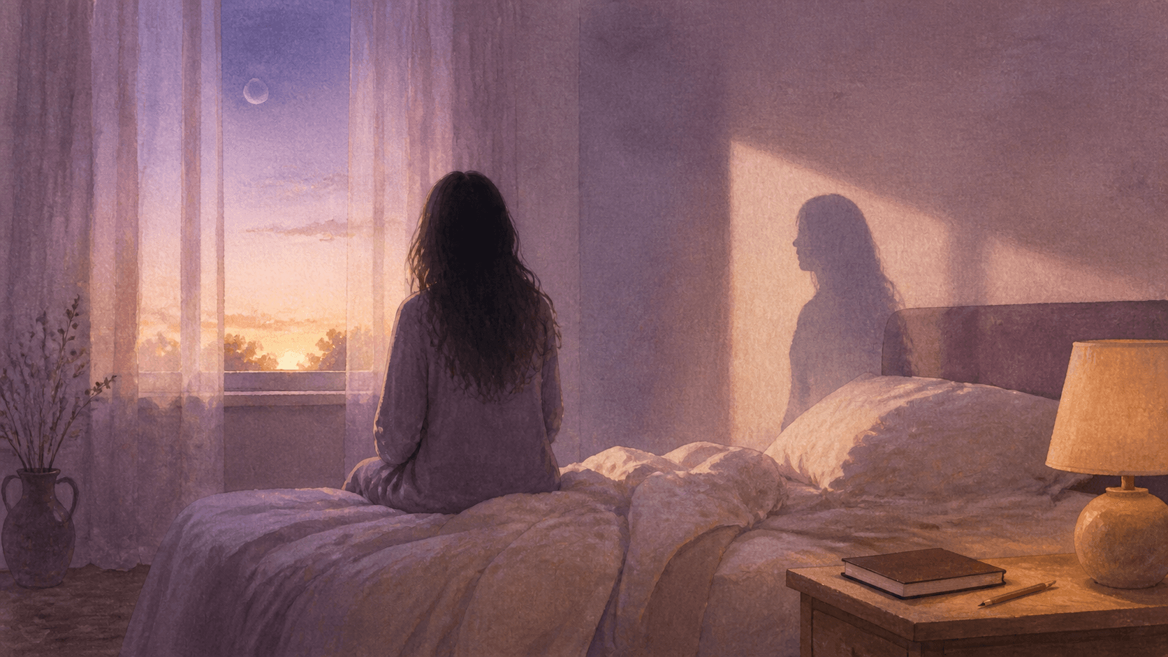 A woman sits on the edge of a bed at dawn while a soft shadow falls across the empty side