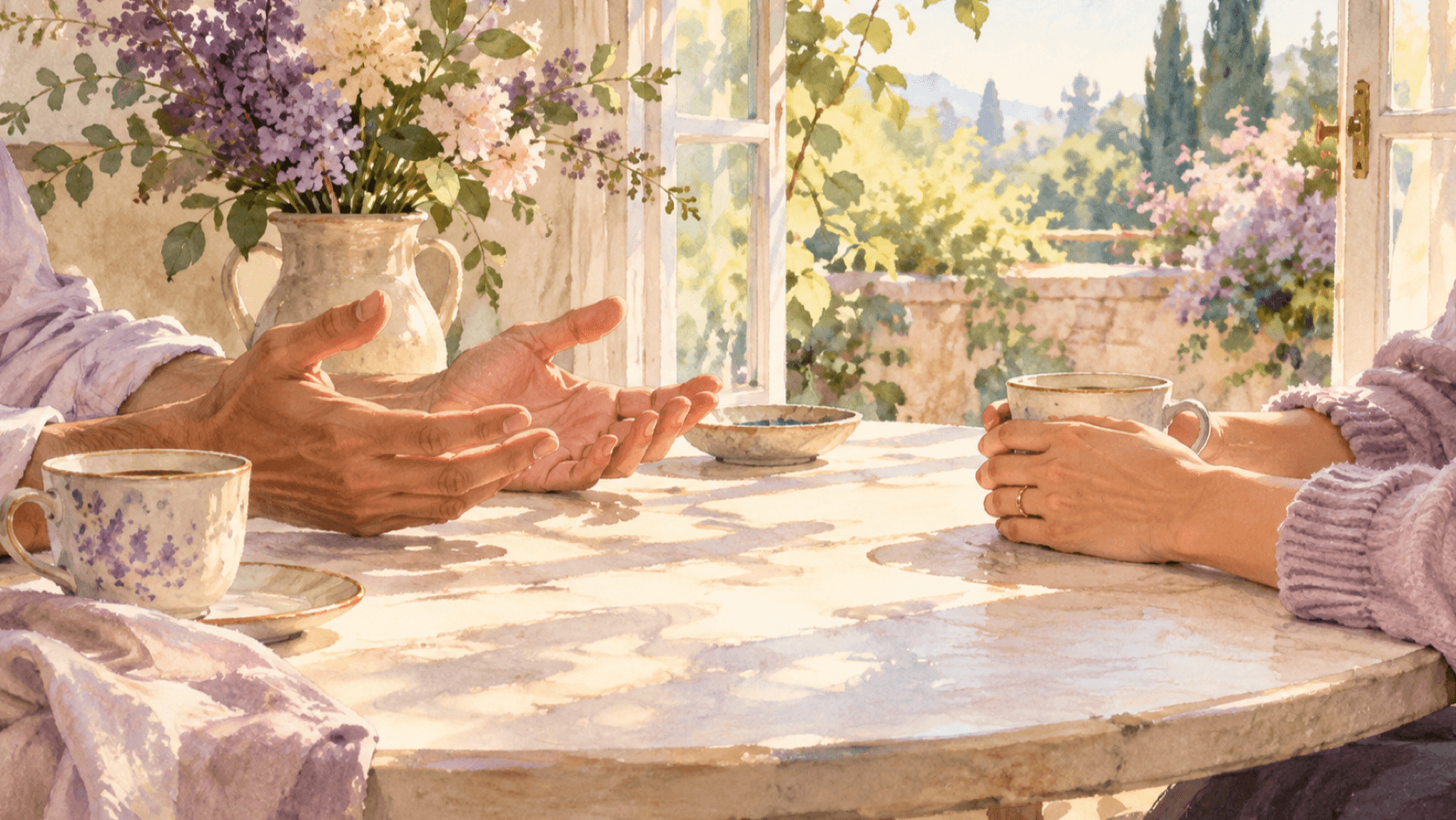 Two pairs of hands in an open morning conversation across a bright watercolor table
