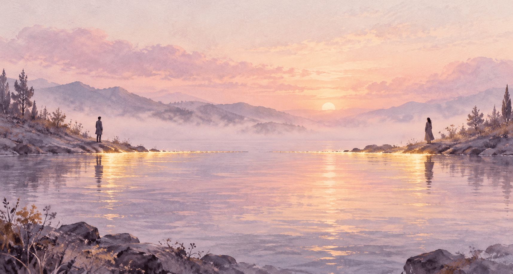 Two distant figures on opposite shores at dawn with soft gold reflections meeting across calm violet water