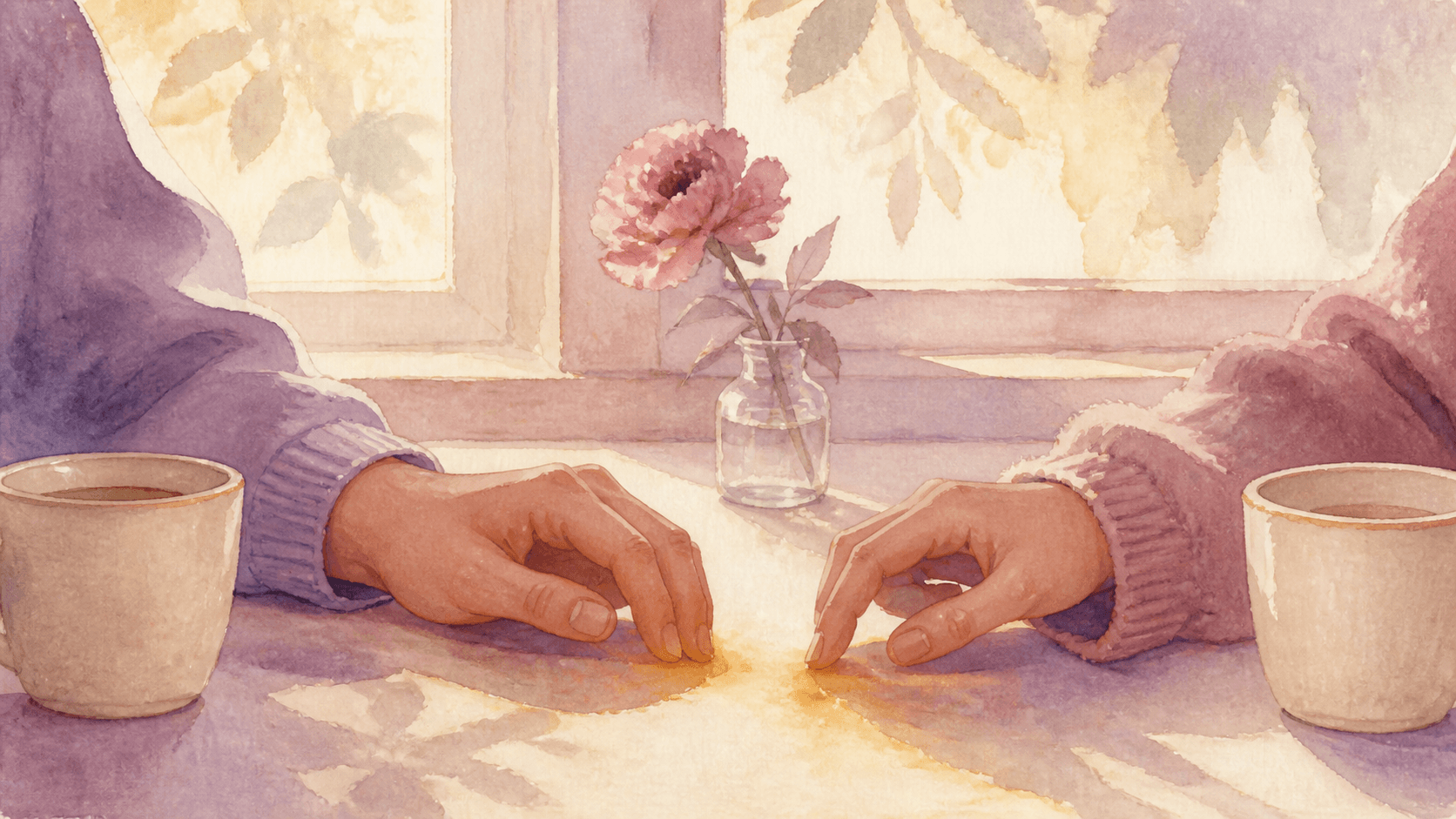 Two friends' hands resting near each other across a sunlit cafe table in a watercolor scene