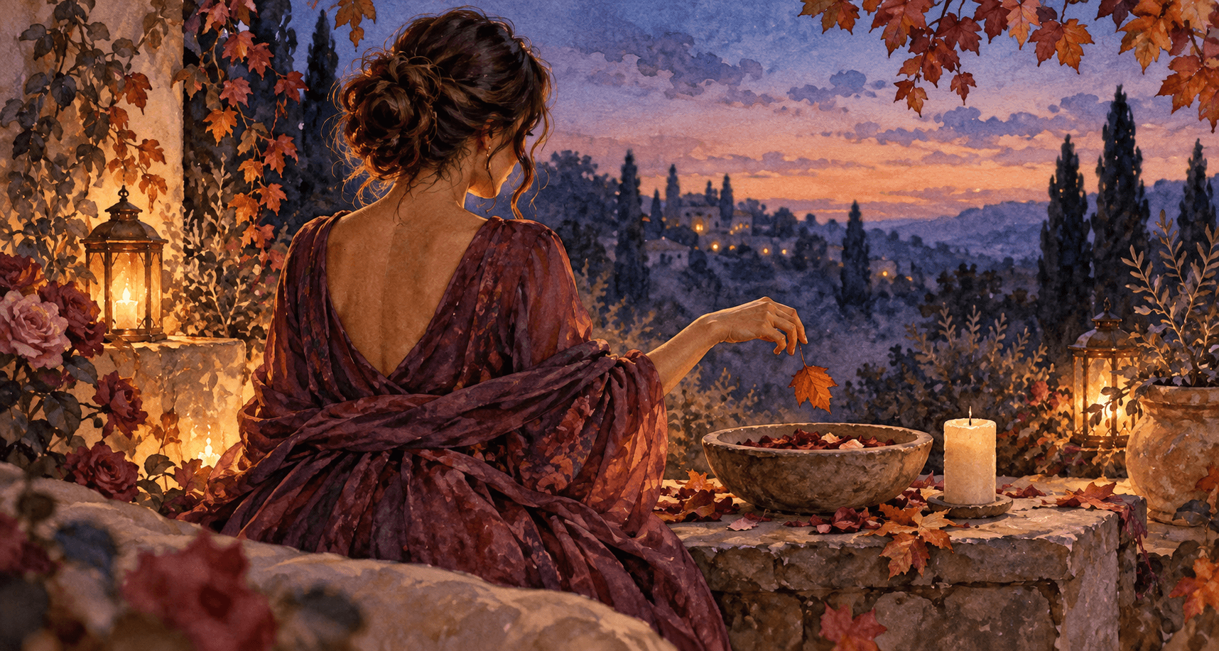 A woman drops an autumn leaf into a bowl of rose petals in a violet watercolor garden at dusk
