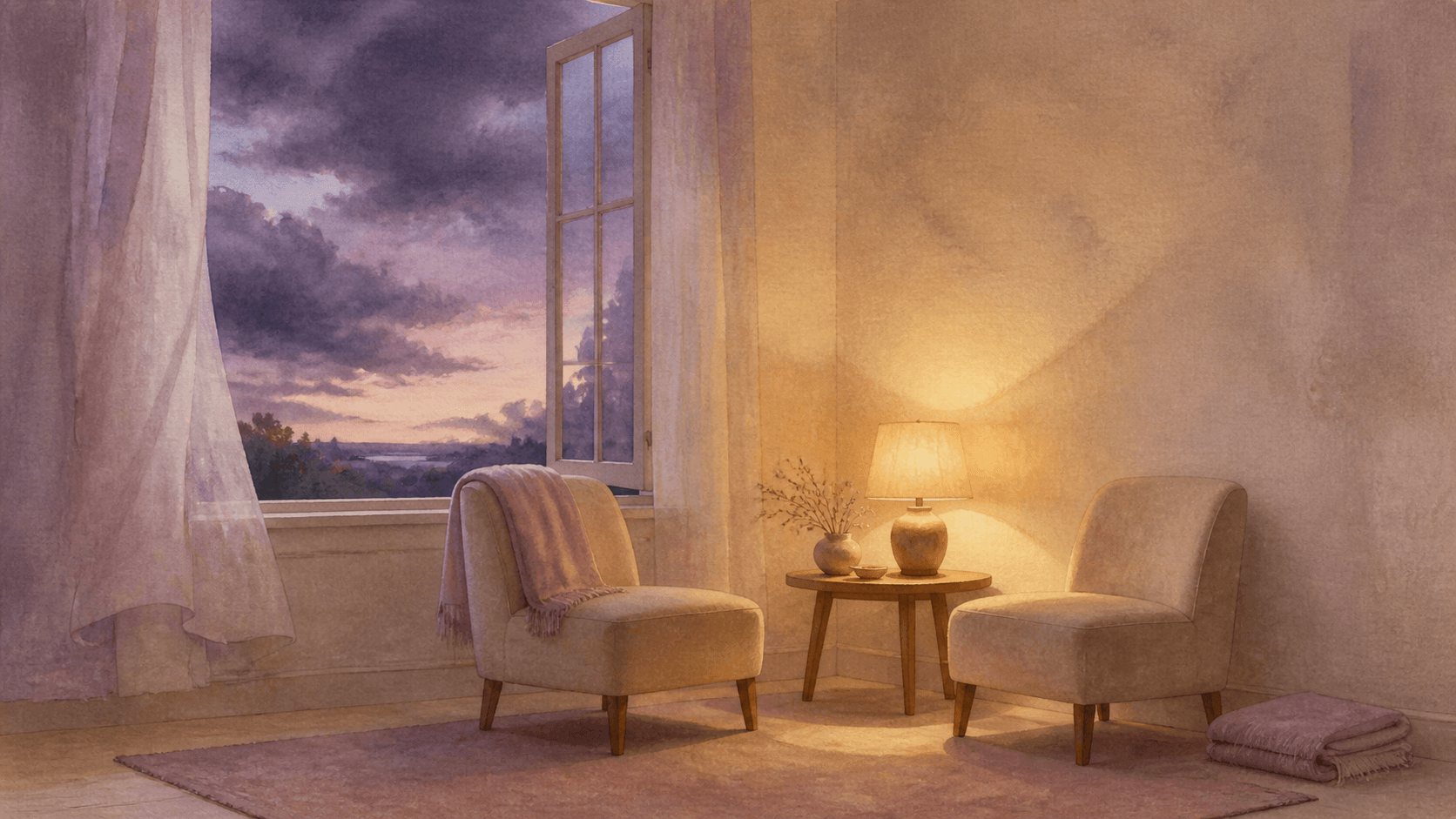 A calm watercolor room with two chairs and warm light while storm clouds clear outside