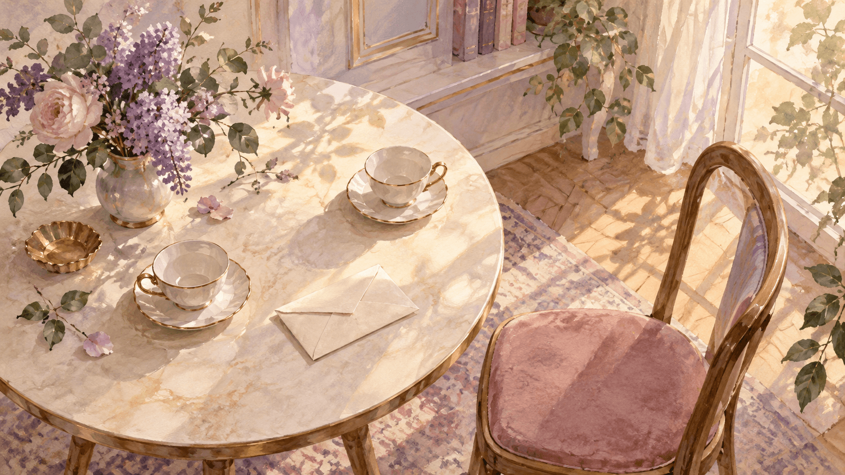Two untouched teacups and a sealed note sit across a small table in a soft morning watercolor scene