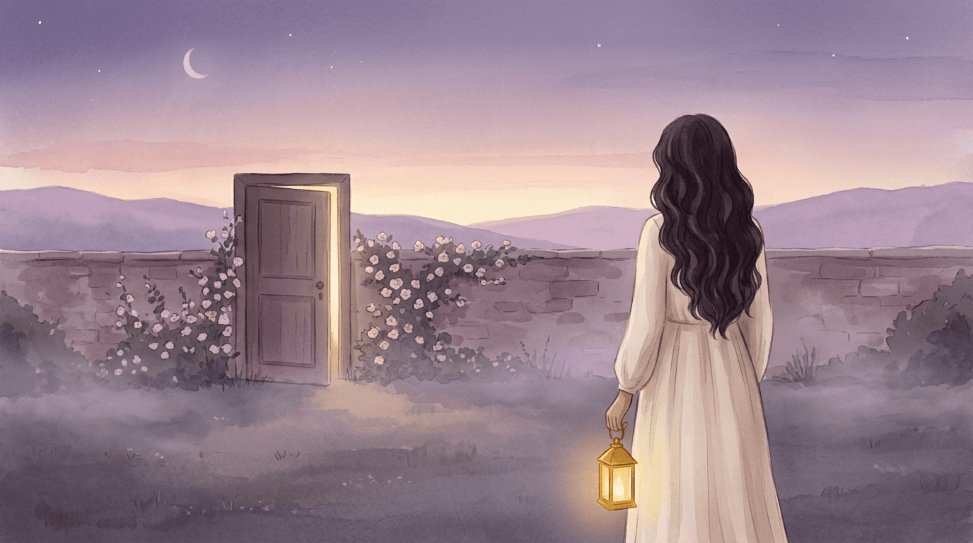 A woman beside a lantern at dusk, a second lantern glowing faintly behind a half open door across the garden