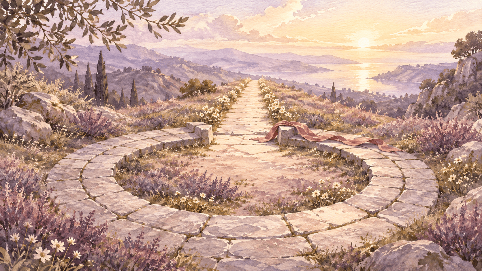 A circular stone path opens into a sunlit road beside a loose rose ribbon in a watercolor landscape