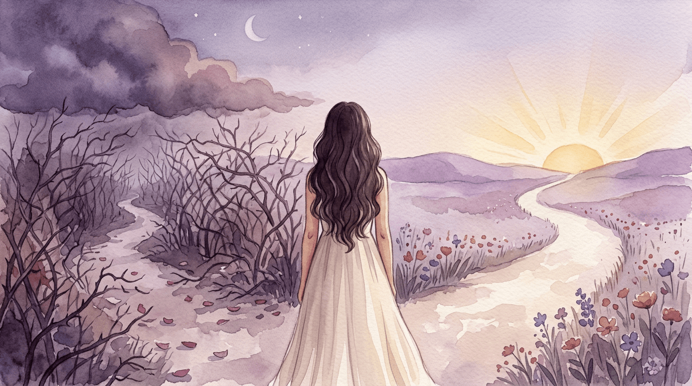 A woman standing where two paths divide, one into a dark thicket and one toward a golden sunrise