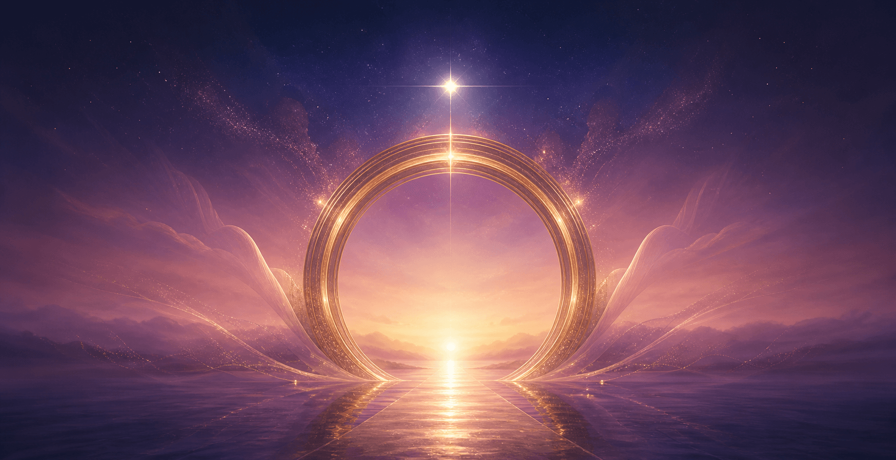 A luminous golden portal beneath a star-filled sky