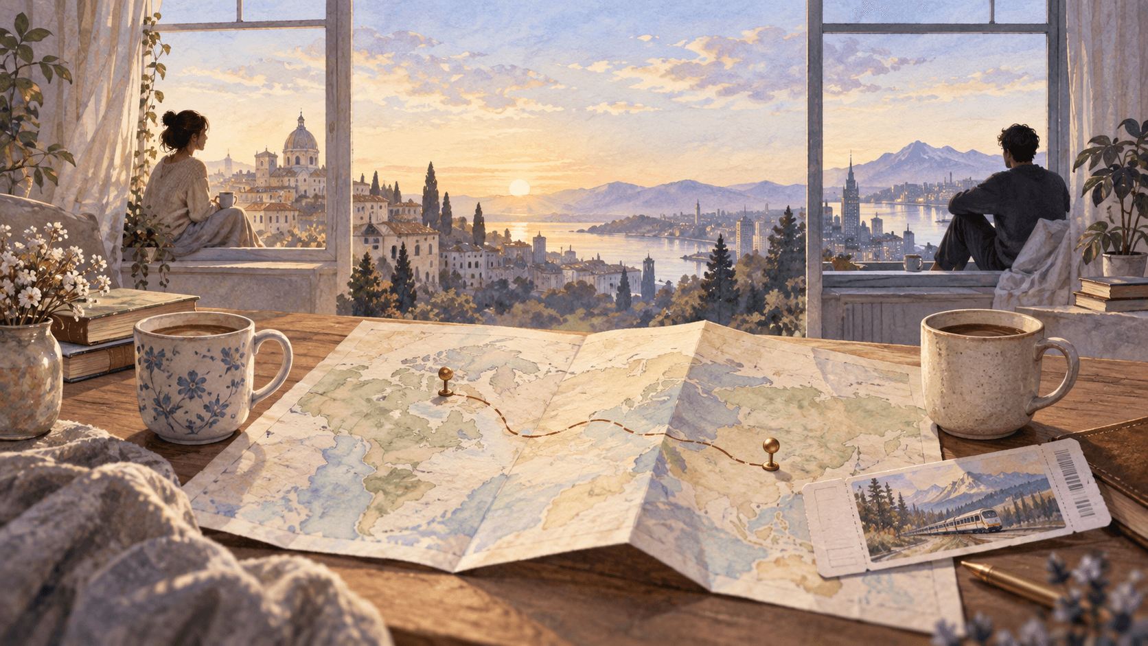 Two people at windows in different cities with an open map and a shared route between them