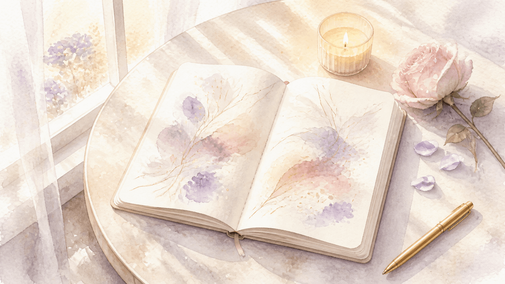 A soft watercolor painting of an open journal beside a pink rose, candle, gold pen, and lilac petals in morning light