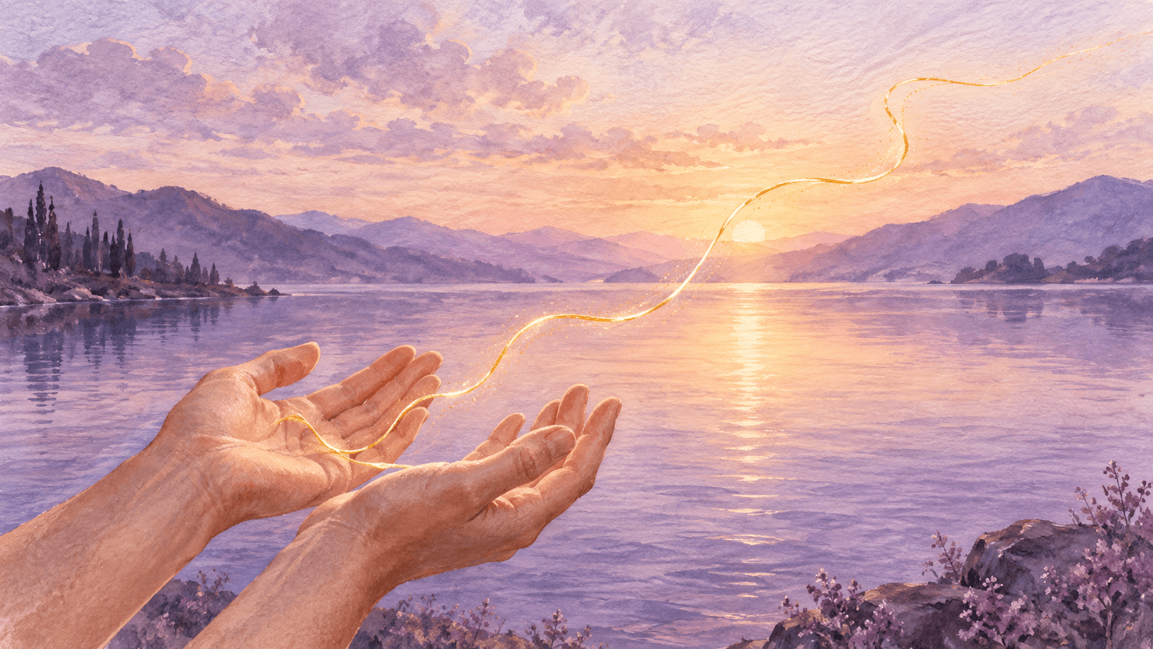 Open hands release a loose golden thread over a lilac lake at sunrise in a watercolor scene
