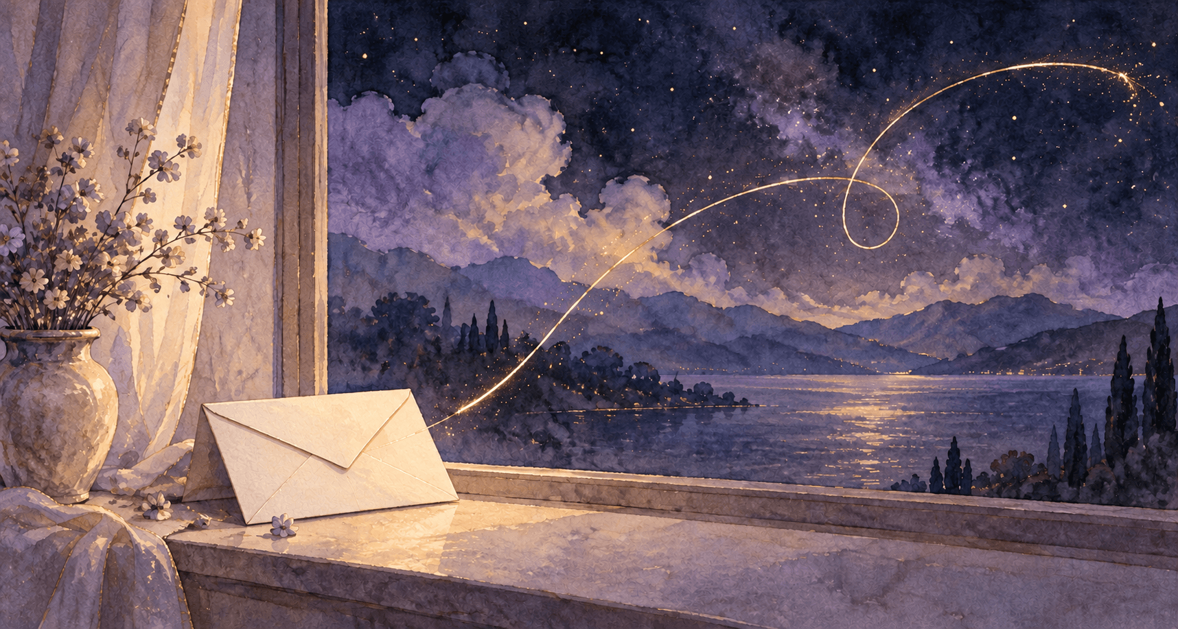 An unopened letter beside a violet window at night as a gold thread curves back toward it in a soft watercolor scene