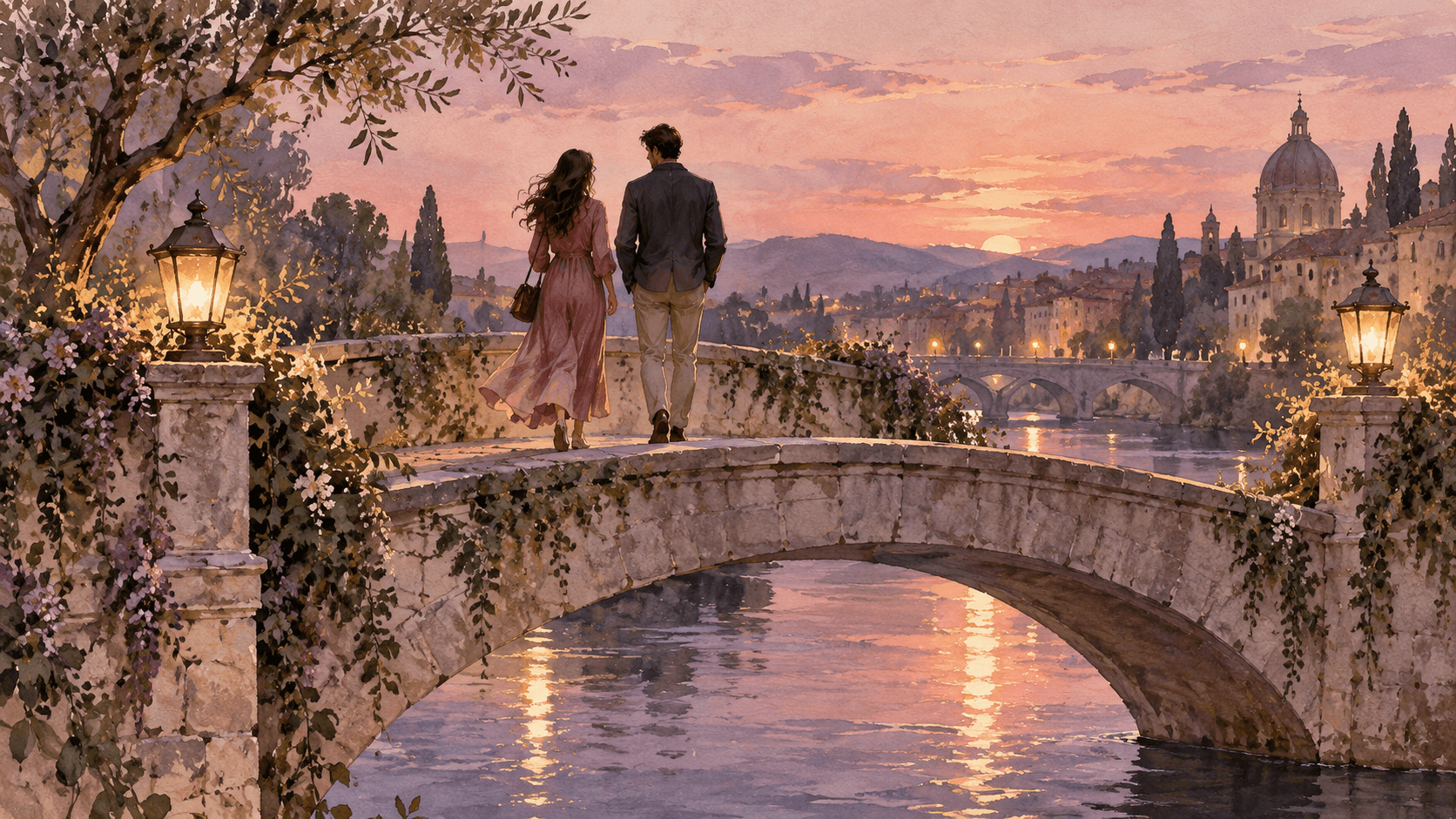 Two people seen from behind walk side by side across a quiet bridge at sunset in a soft watercolor scene