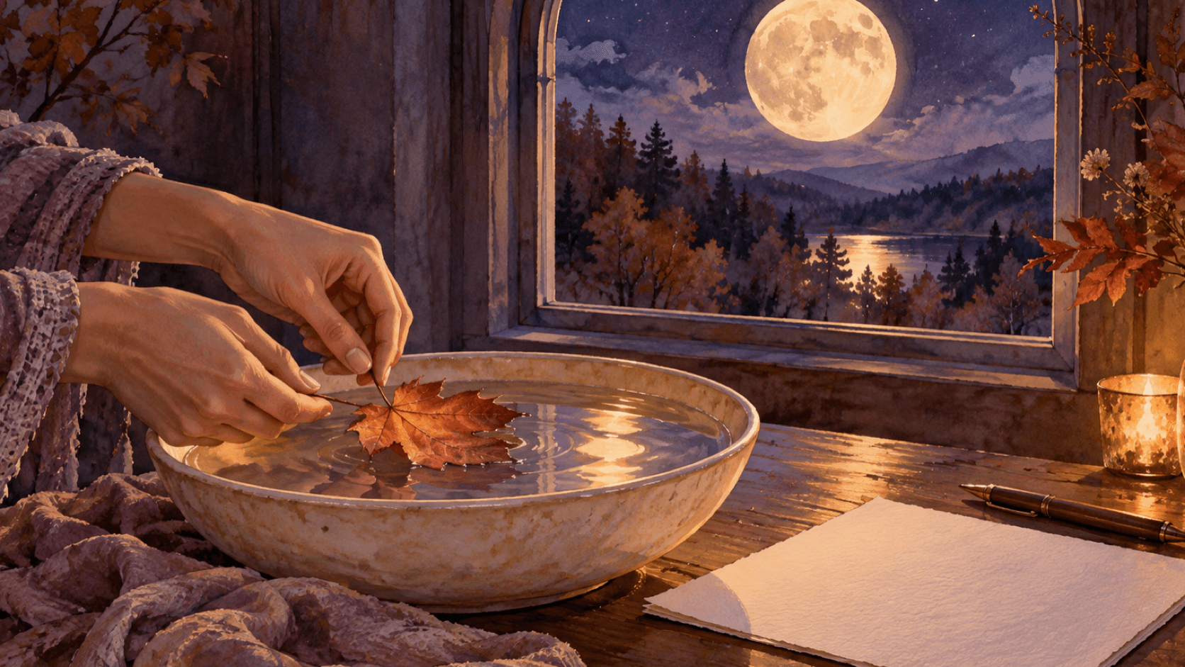 Hands placing an autumn leaf in a bowl of water beside a blank page under the October full moon