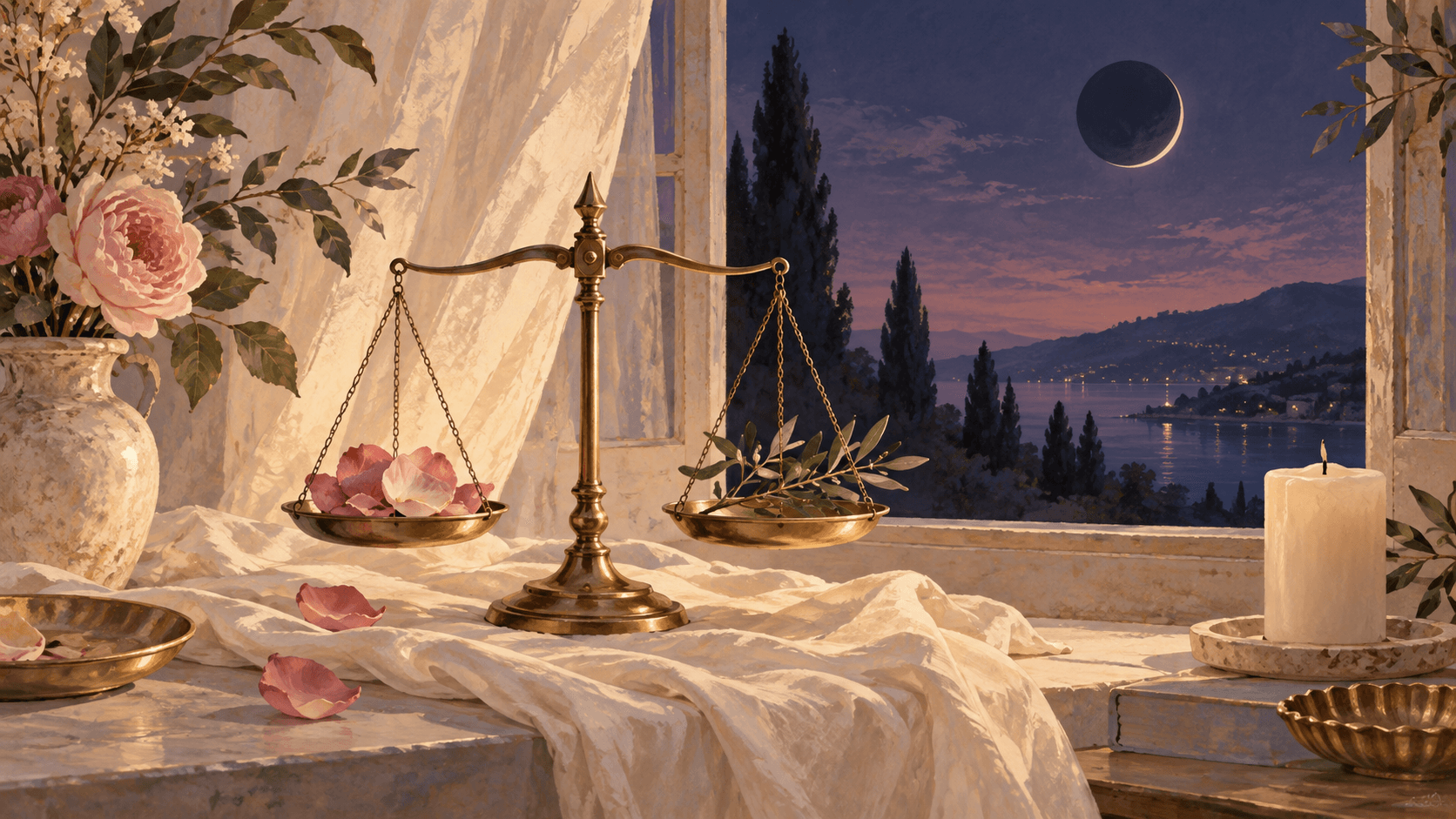 Watercolor brass balance scales with rose petals and a green sprig beneath a dark new moon at twilight