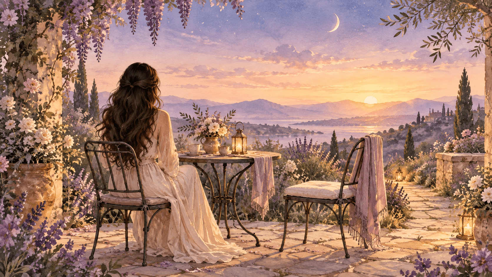 A woman sits at a garden table across from an open chair in a soft watercolor sunrise