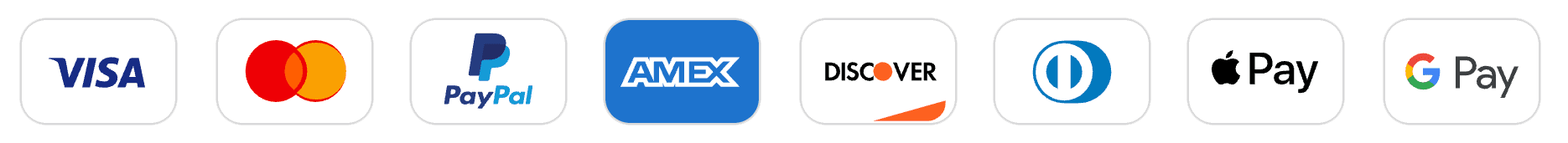 Visa, Mastercard, PayPal, American Express, Discover, Diners Club, Apple Pay, Google Pay