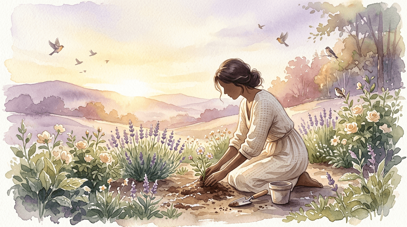 A woman in morning light tending a small garden, warm gold sun rising over soft lilac hills