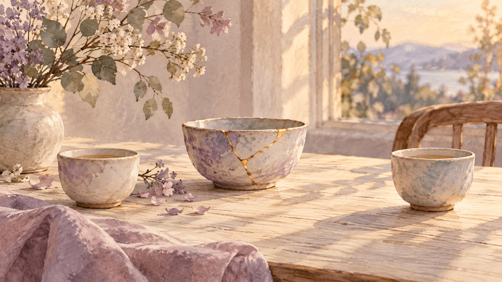 A watercolor ceramic bowl repaired with a fine gold seam between two teacups on a sunlit table