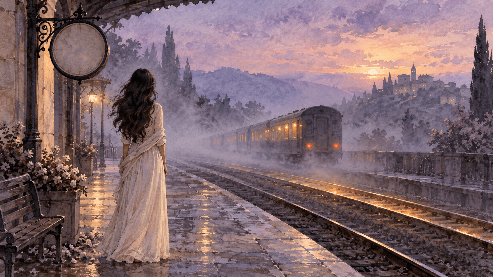 A woman seen from behind watches a train leave a lilac station at blue hour in a watercolor scene