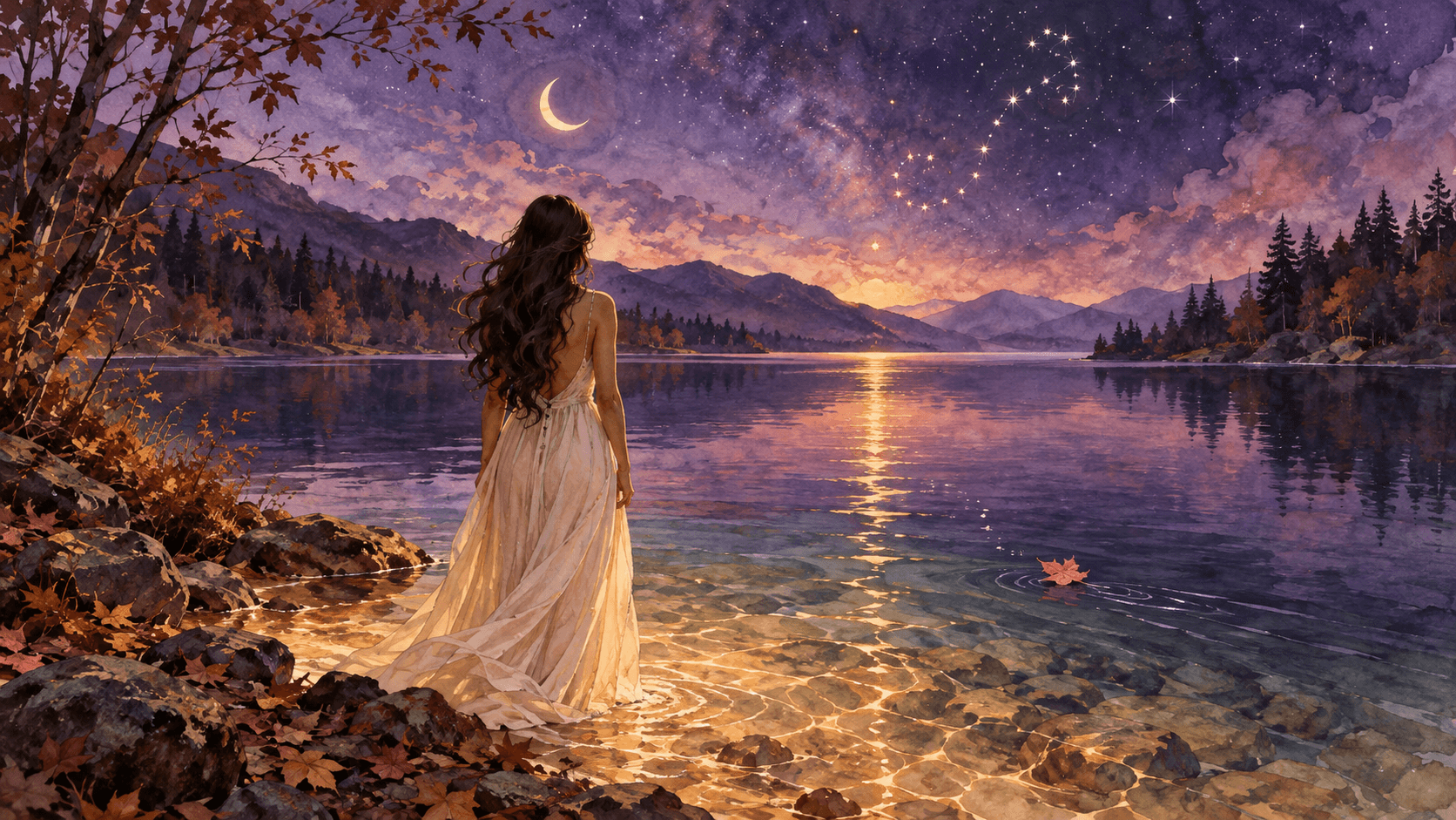 A woman stands at the clear edge of a deep violet lake beneath a crescent moon and autumn stars