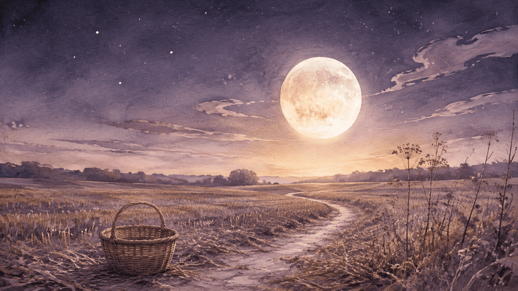 An empty basket beside a winding path through a harvested field under a full moon in a violet watercolor night