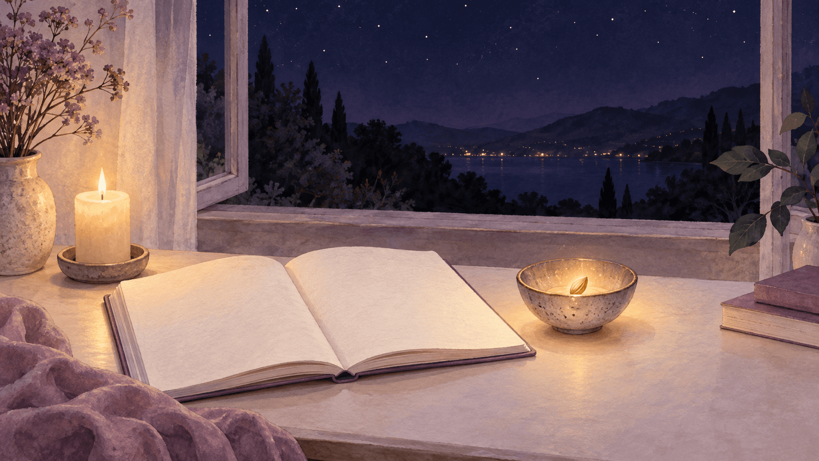 A blank journal and a single glowing seed beside an open window on a moonless violet watercolor night