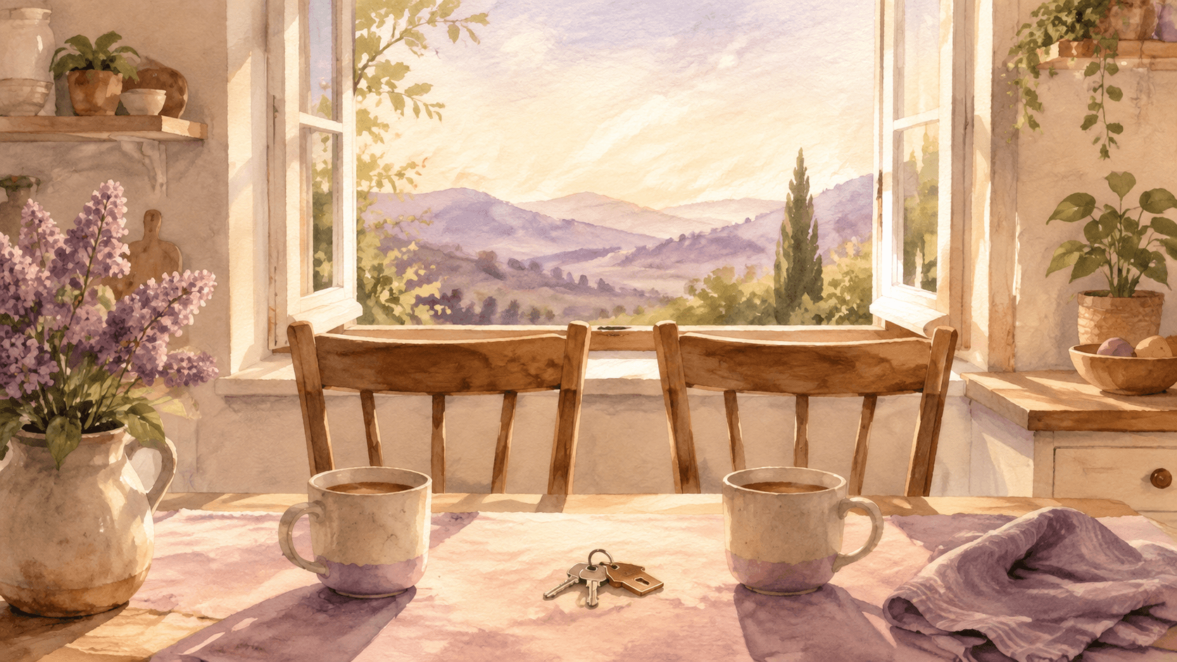 Two cups and a set of keys on a bright kitchen table facing the same open window in a watercolor scene