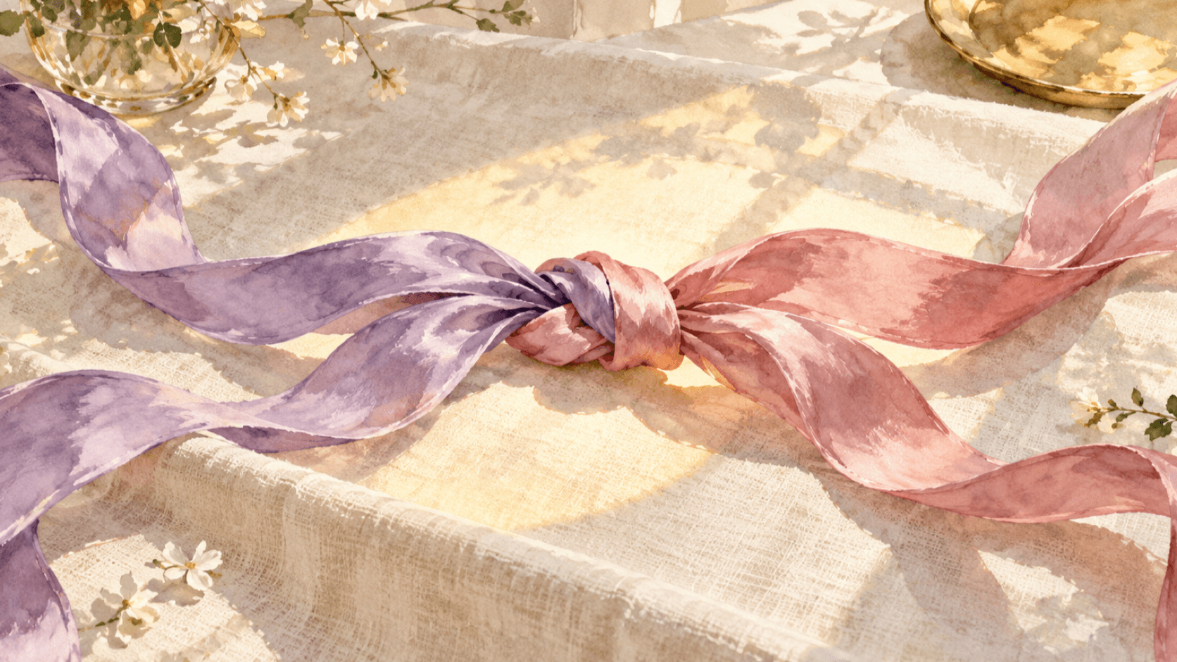 A loose knot joining violet and rose ribbons on cream linen in a bright watercolor still life