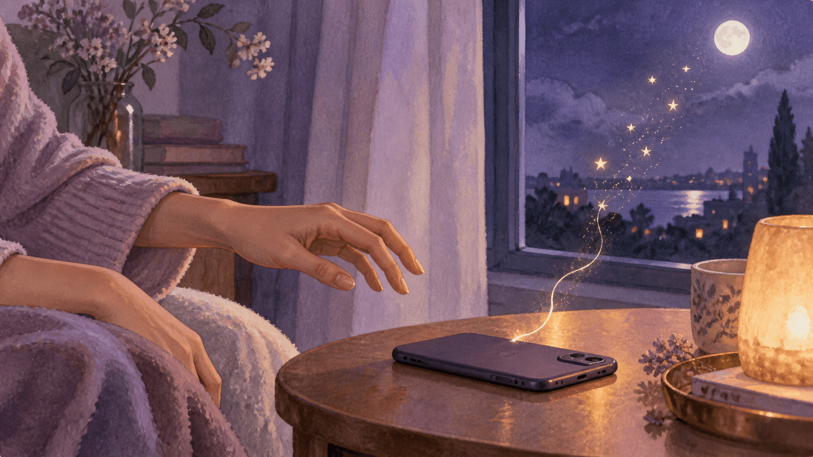A woman's hands moving away from a face-down phone beside a moonlit window in a violet watercolor room