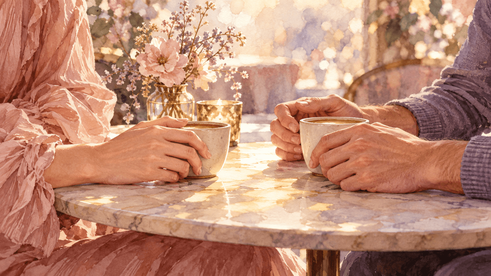 Two people sit across a small cafe table with their hands near two cups, their faces outside the watercolor frame