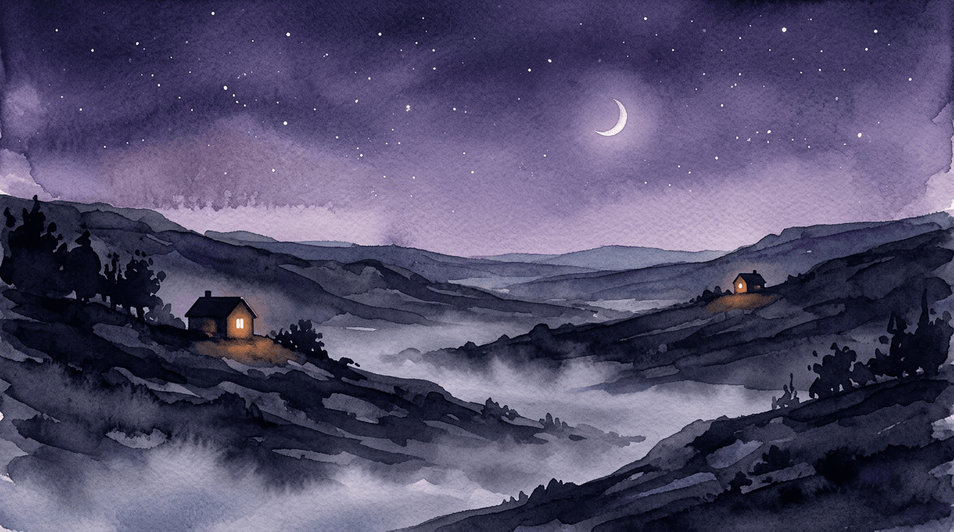 Two lit windows in separate houses across a dark valley at night, a faint scattering of stars above