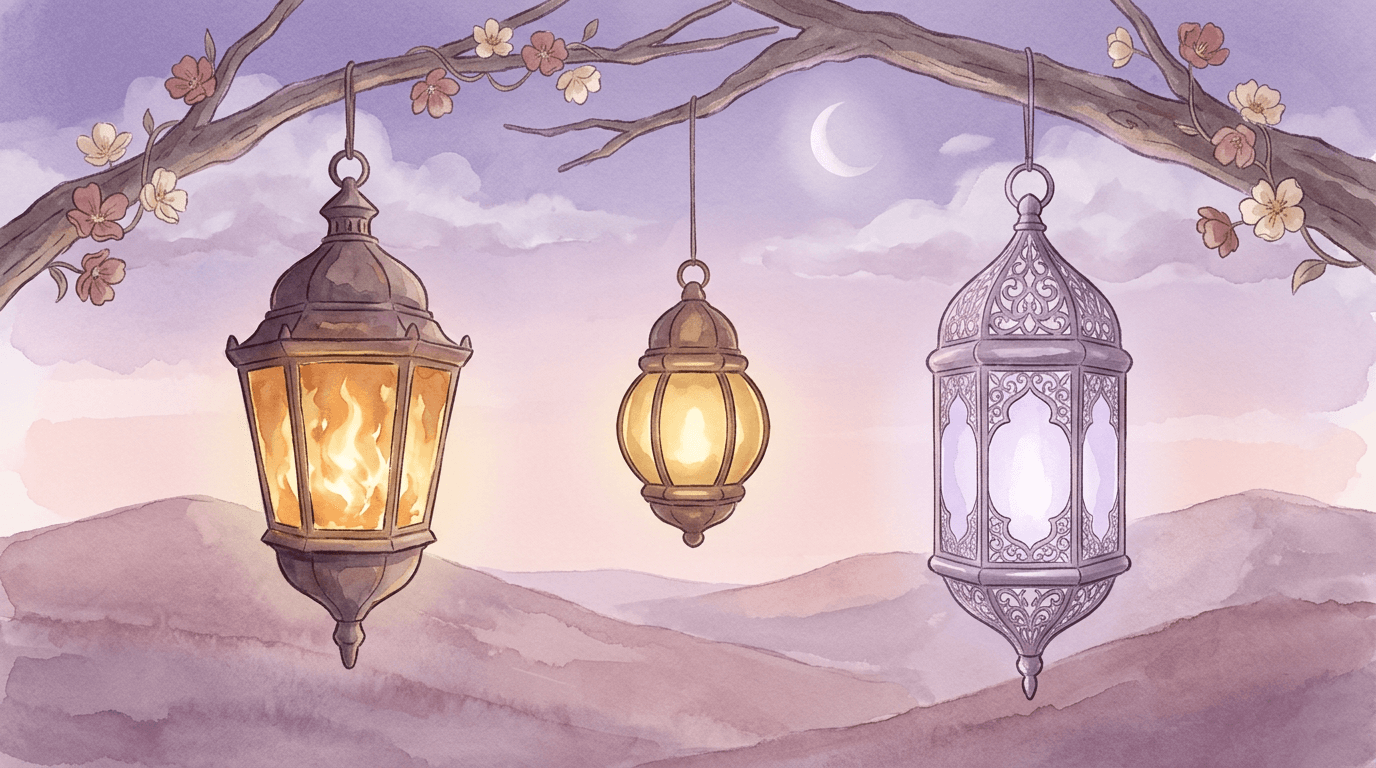 Two lanterns of different sizes hanging at different heights in a dusk garden, each glowing a slightly different warmth