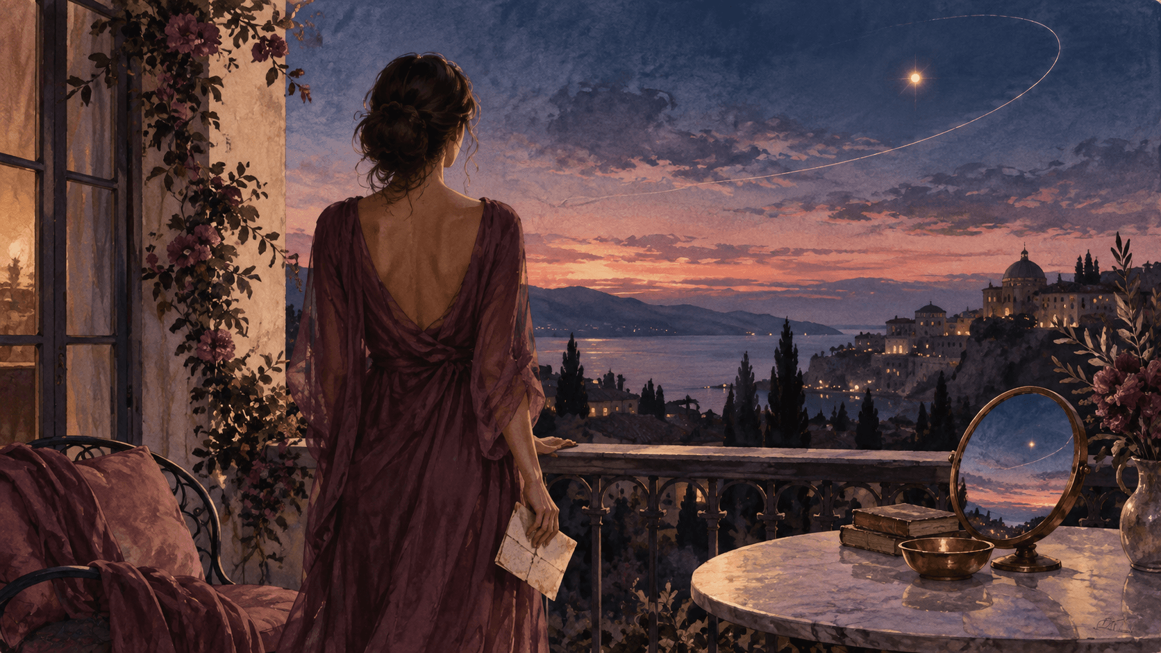 A woman holding an old letter on a balcony at dusk while one bright planet crosses the watercolor sky