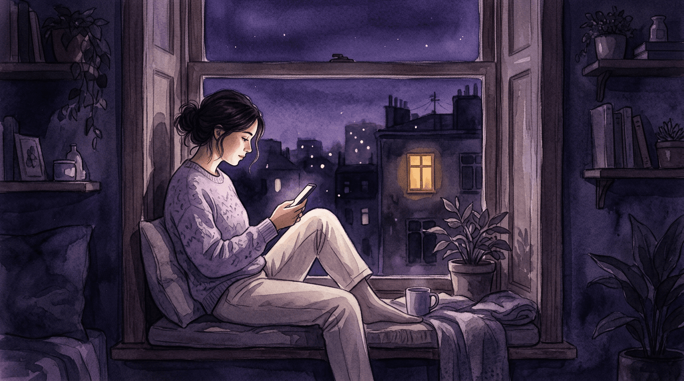 A woman at a window at night holding a phone, a single lit window visible in a building across the way