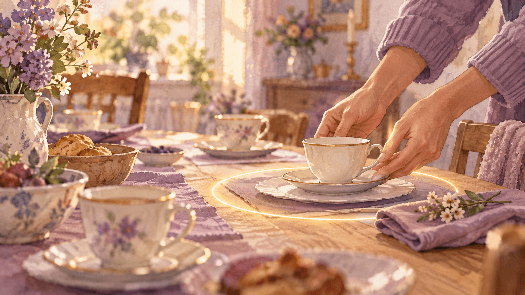 Hands placing an extra cream teacup at a warm family table in a lilac and gold watercolor home