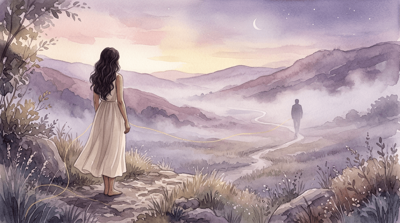 A woman looking across a misty valley at the distant figure of a man walking away, a faint golden thread still connecting them